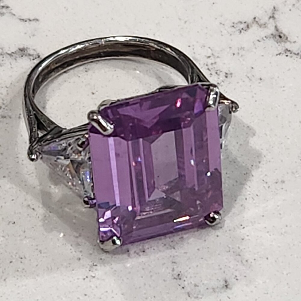 Sterling Silver Emerald-cut Amethyst & White Gemstone Ring